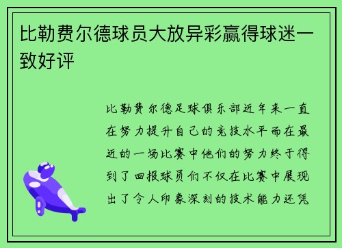 比勒费尔德球员大放异彩赢得球迷一致好评